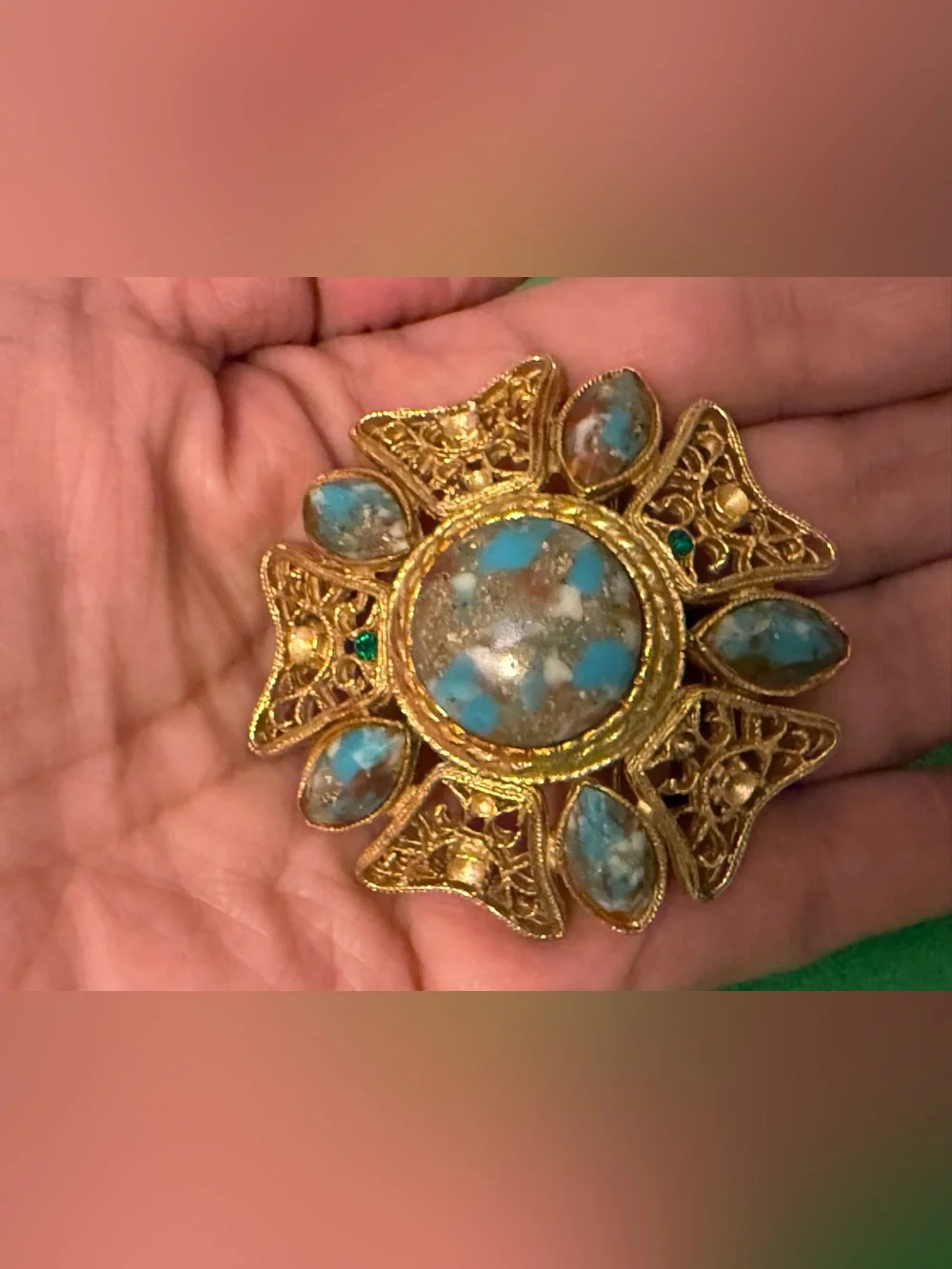 Dome Vintage Gold-Tone Filigree Brooch with Turquoise Cabochons